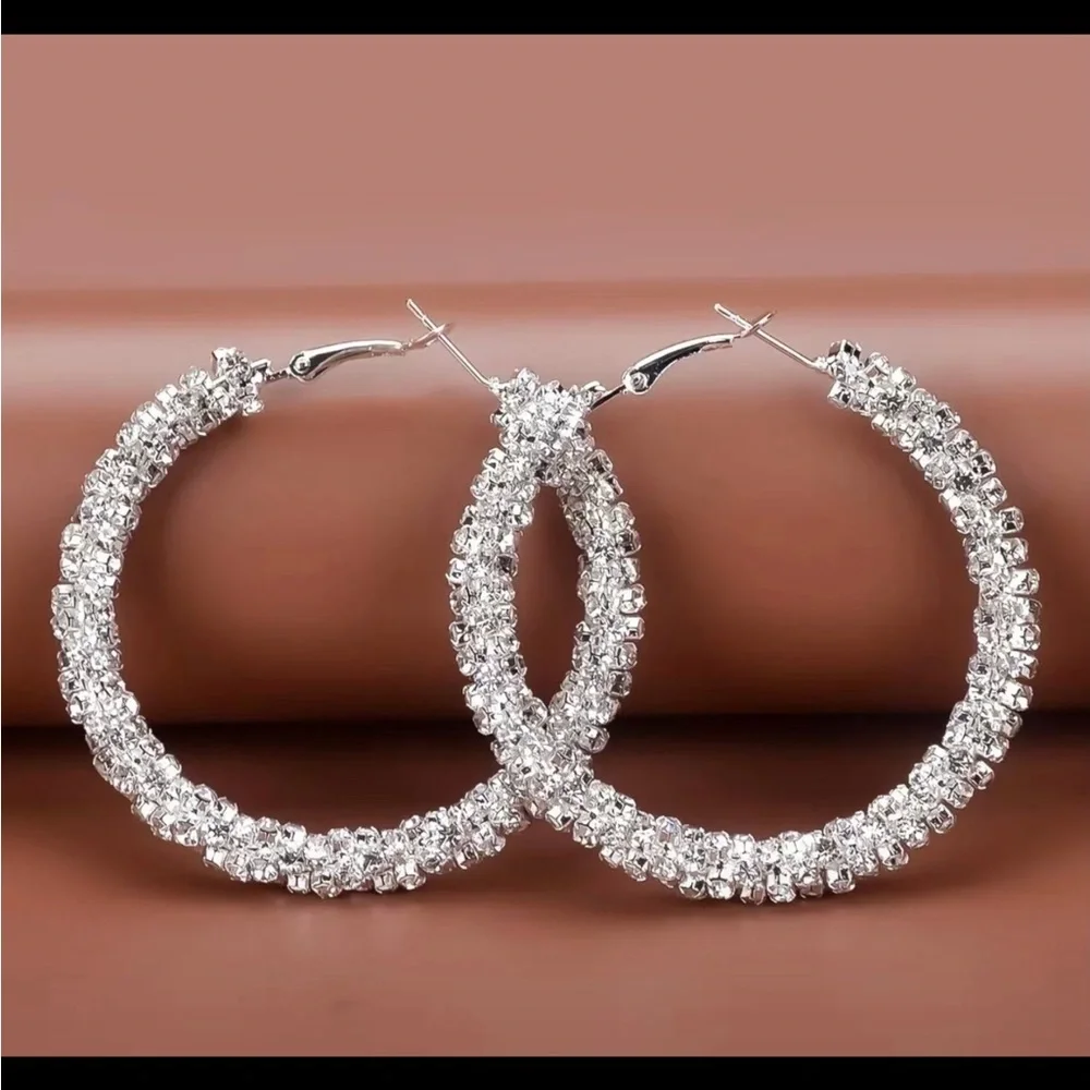 Large Full Rhinestone Hoop Earrings Silver Plated Delicate Jewelry Party Holiday - Picture 3 of 6
